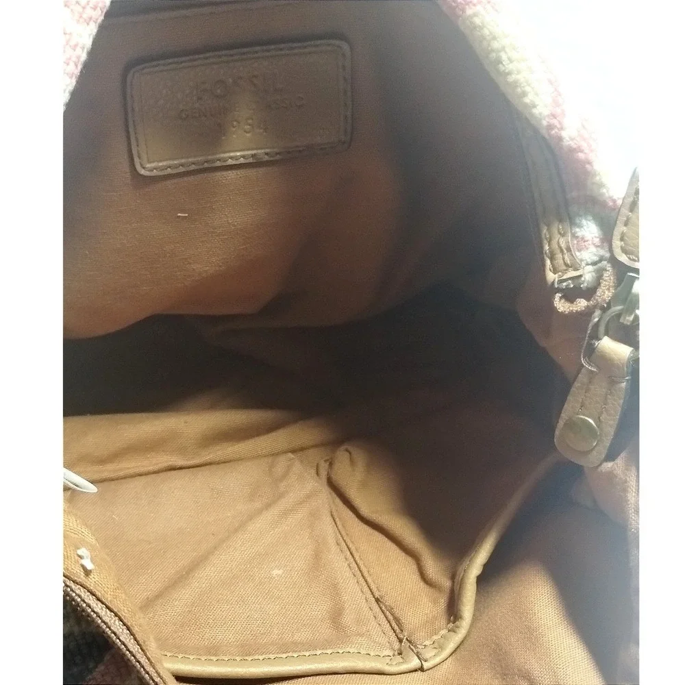 Fossil Genuine Classic 1954 Paisley Canvas Shoulder Bag Tan Leather Trim Boho